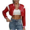 thumbnail image 1 of HTNBO Women's Bomber Jackets Leather Button Casual Cropped Baseball Jacket Fashion Motorcycle Jacket Short Varsity Outwear, 1 of 7