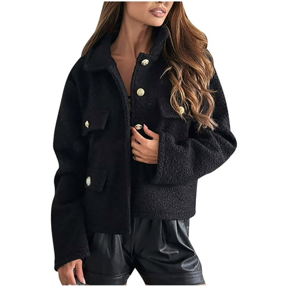 HTNBO Women's Button Down Sherpa Shacket Jacket Long Sleeve Faux Fur Warm Winter Outwear Lapel Fuzzy Fleece Short Coats