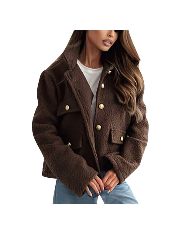 Women's Button Down Sherpa Shacket Jacket Long Sleeve Faux Fur Warm Winter Outwear Lapel Fuzzy Fleece Short Coats