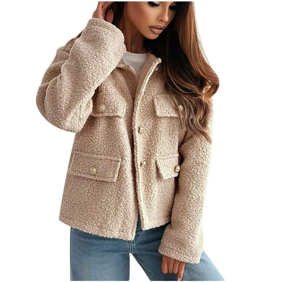 HTNBO Women's Button Down Sherpa Shacket Jacket Long Sleeve Faux Fur Warm Winter Outwear Lapel Fuzzy Fleece Short Coats