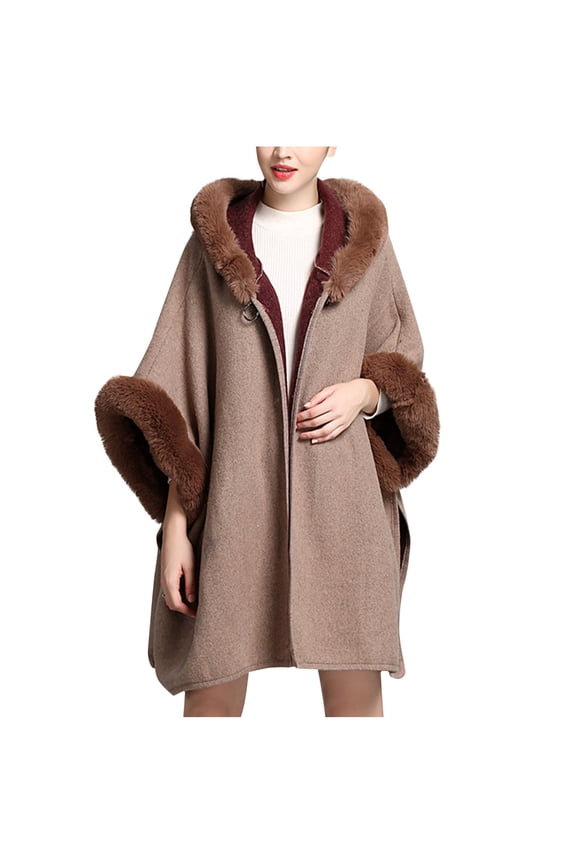 Women's Cardigan Luxury Batwing Sleeve Faux Fur Hooded Cloak Poncho Sweater Shawl Cape Winter Fall Warm Outwear