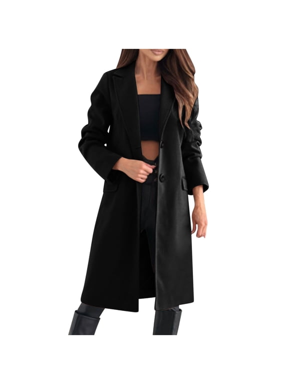 Women's Casual Single Breasted Midi Long Wool Coat Herringbone Dressy Winter Trench Coat