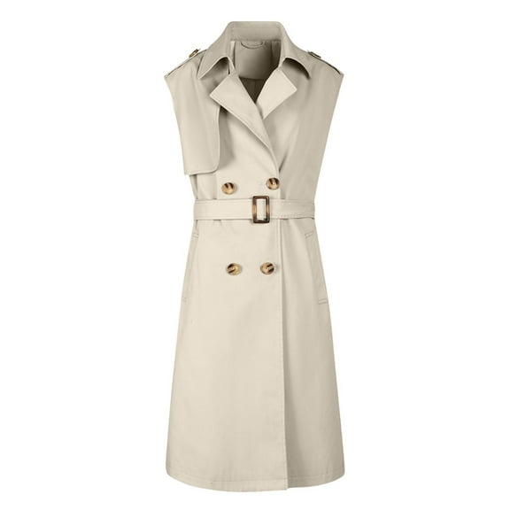 HTNBO Women's Chic Sleeveless Long Trench Coats Classic Lapel Double Breasted Mid-Length Belted Overcoat Dress Jacket