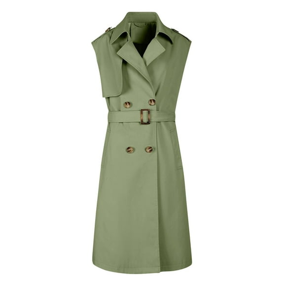 HTNBO Women's Chic Sleeveless Long Trench Coats Classic Lapel Double Breasted Mid-Length Belted Overcoat Dress Jacket