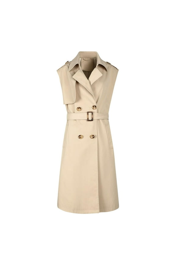 Women's Chic Sleeveless Long Trench Coats Classic Lapel Double Breasted Mid-Length Belted Overcoat Dress Jacket
