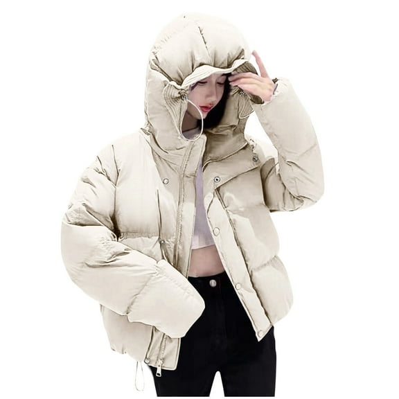 HTNBO Women's Cotton Parka Hooded Thick Warm Loose Down Jacket Women Solid Color Fashion Zipper Coat