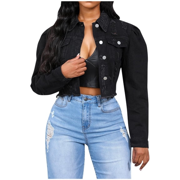 HTNBO Women's Cropped Denim Jacket Lapel Puff Long Sleeve Distressed Ripped Short Jean Jacket Button Down Trucker Coat
