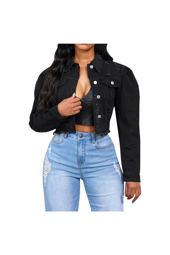 Women's Cropped Denim Jacket Lapel Puff Long Sleeve Distressed Ripped Short Jean Jacket Button Down Trucker Coat