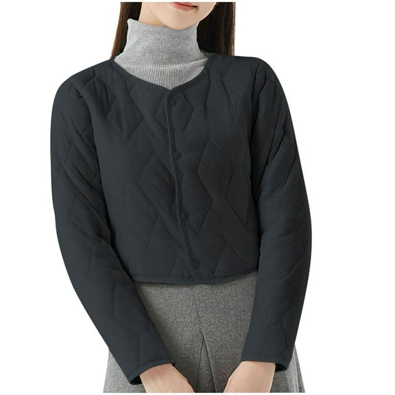 HTNBO Women's Cropped Quilted Winter Coat, Plus Size Casual Lightweight Button Down Padded Down Puffer Jackets