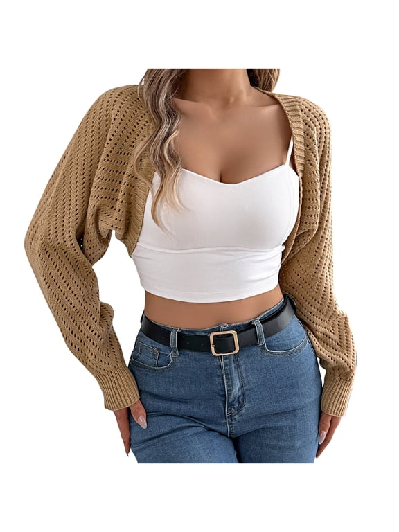 Women's Cropped Sweater Knitted Long Sleeve Shoulder Shrug Open Front Bolero Shrug Sweater Crochet Cardigan