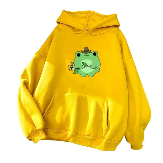 HTNBO Women's Cute Hoodies Funny Frog Printed Long Sleeve Pullover Sweatshirts for Teen Girls