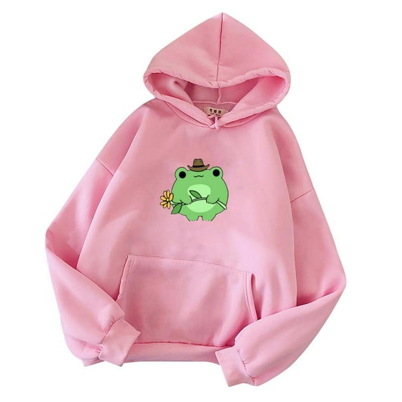 HTNBO Women's Cute Hoodies Funny Frog Printed Long Sleeve Pullover Sweatshirts for Teen Girls