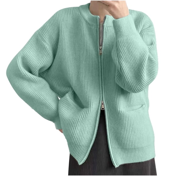 HTNBO Women's Double Zipper Cardigan Fall Winter Long Sleeve Cozy Sweaters Casual Knitted Outwear with Pockets