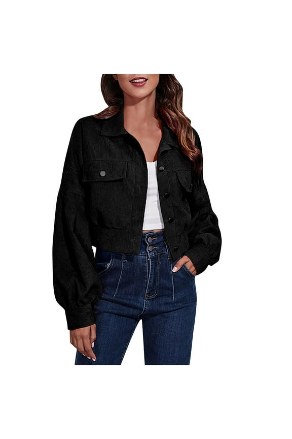 Women's Fashion Cropped Shacket Button Down Corduroy Shacket Jackets Casual Plaid Long Sleeve Crop Jackets Tops