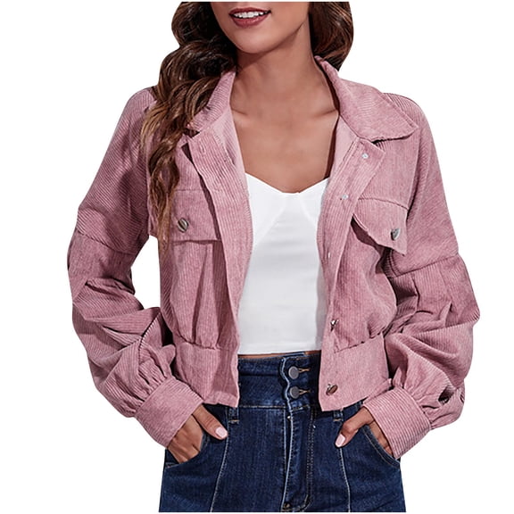 HTNBO Women's Fashion Cropped Shacket Button Down Corduroy Shacket Jackets Casual Plaid Long Sleeve Crop Jackets Tops