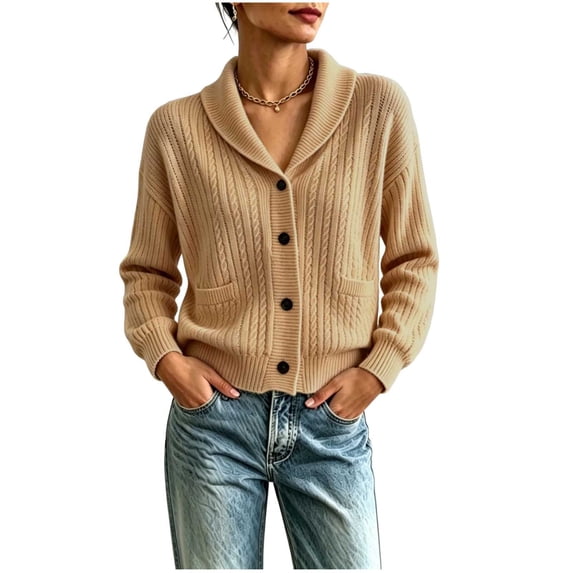 HTNBO Women's Shawl Collar Cable Knit Cardigan Long Sleeve Button‑Down Loose Casual Sweater with Pockets
