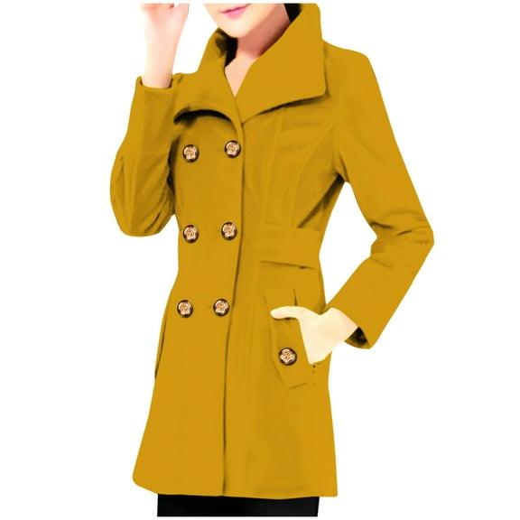 HTNBO Women's Fashion Trench Coat Notch Lapel Double Breasted Thick A Line Pea Coats Jacket with Pockets