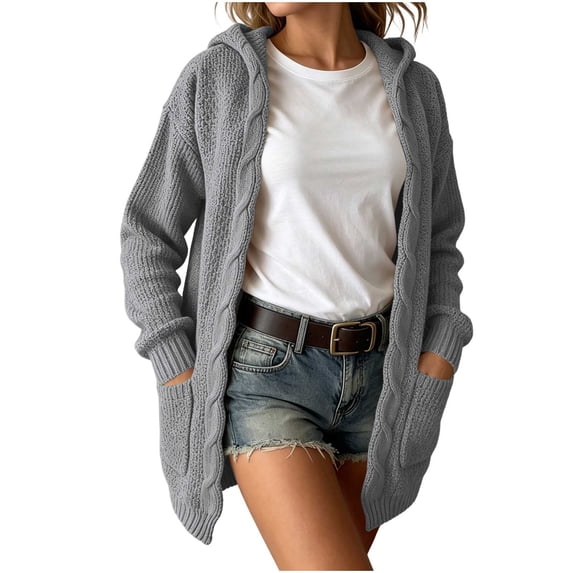 HTNBO Women's Hooded Cable Knit Open‑Front Cardigan Long Sleeve Loose Mid‑Length Sweater Coat with Side Pockets