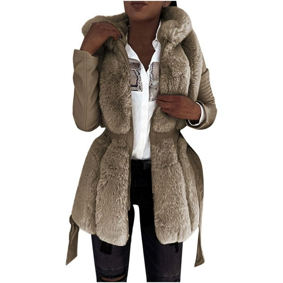 HTNBO Women's Faux Fur Cardigan Autumn Winter Coats Loose Fur Coat with Pockets Waisted Jacket Fuzzy Outerwear