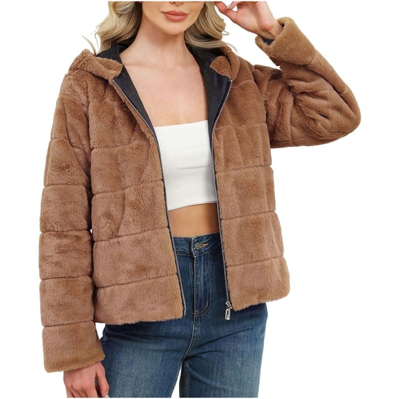 HTNBO Women's Faux Fur Coat Shearling Fluffy Fuzzy Shaggy Hood Sherpa-Lined Fleece Jacket