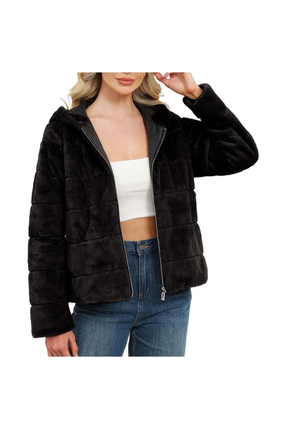 Women's Faux Fur Coat Shearling Fluffy Fuzzy Shaggy Hood Sherpa-Lined Fleece Jacket