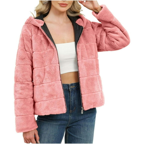 HTNBO Women's Faux Fur Coat Shearling Fluffy Fuzzy Shaggy Hood Sherpa-Lined Fleece Jacket