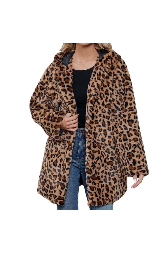 Women's Faux Fur Jackets Autumn Winter Leopard Coats Loose Fur Coat with Pockets
