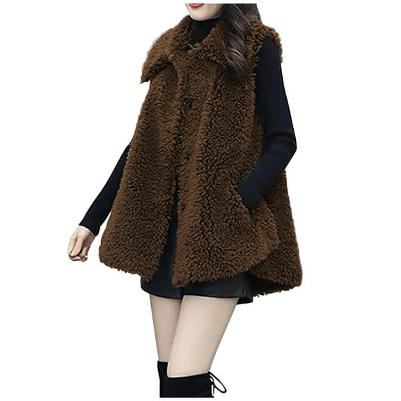 HTNBO Women's Faux Fuzzy Fleece Waistcoat Jacket Winter Warm Vest Sleeveless Cardigan Casual Loose Outerwear