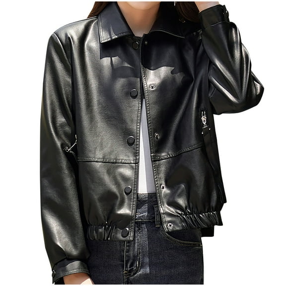 HTNBO Women's Faux Leather Jackets & Coats Button Down Lapel Lightweight Bomber Jacket Punk Avant-Garde Motorcycle Jacket
