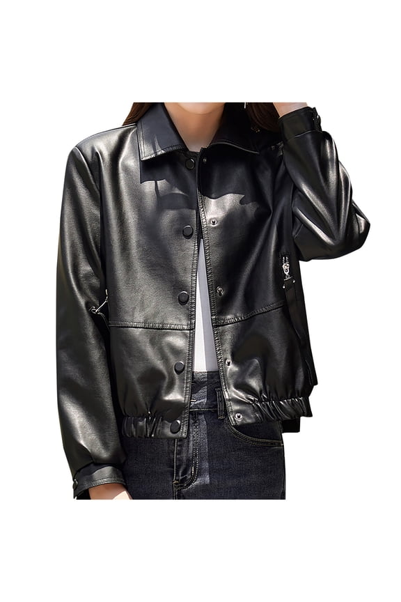 Women's Faux Leather Jackets & Coats Button Down Lapel Lightweight Bomber Jacket Punk Avant-Garde Motorcycle Jacket