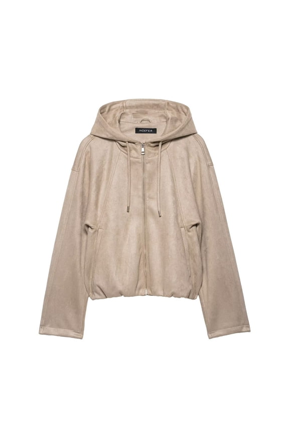 Women's Faux Suede Drawstring Hooded Jacket Bomber Casual Zipper Outerwear with Pockets