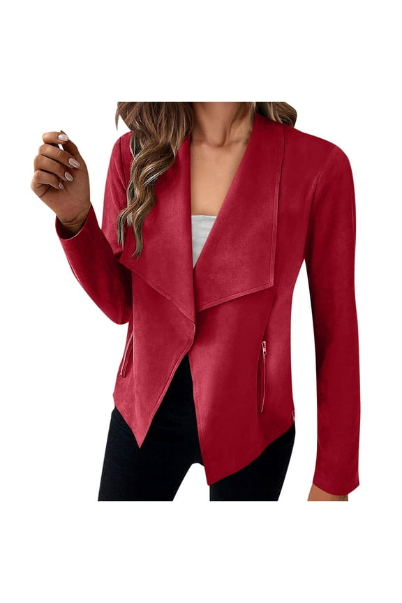 Women's Faux Suede Jackets Fall Tops Long Sleeve Open Front Cropped Coat Outwear