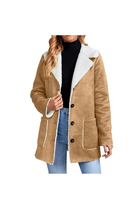 Women's Faux Suede Sherpa Trench Coat Winter Warm Lapel Outwear Sherpa Fleece Lined Jackets Plus Size Pea Coat