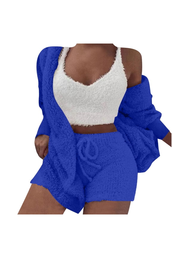 Women's Fuzzy 3 Piece Outfits Fleece Warm Hooded Cardigan Crop Top Shorts Set Pajamas Loungewear