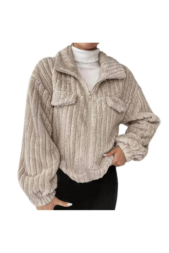 Women's Fuzzy Fleece Jacket Casual Plaid Button Down Teddy Jacket Long Plush Chunky Cropped Winter Coat Outerwear