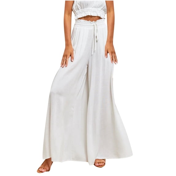 HTNBO Women's High Waisted Palazzo Pants Wide Leg Solid Color Hiking Loose Loungewear Trousers