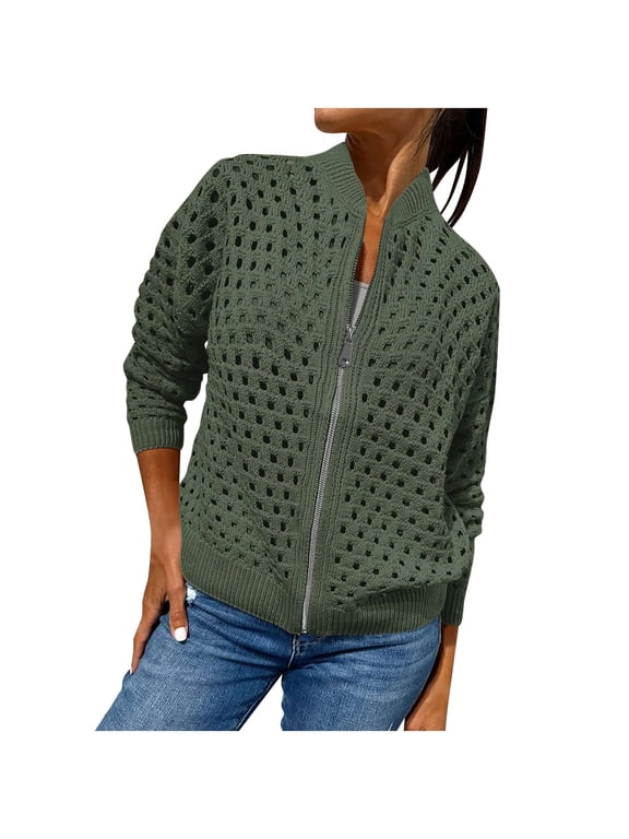 Women's Hollow Knitwear Zipper Jacket, Crochet Fishnet Knit Shrugs Sweater Jacket Lightweight Cardigans Sweater