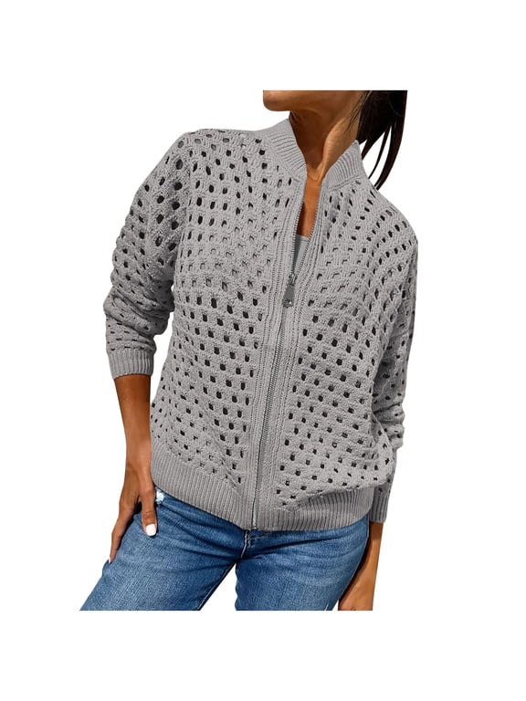 Women's Hollow Knitwear Zipper Jacket, Crochet Fishnet Knit Shrugs Sweater Jacket Lightweight Cardigans Sweater