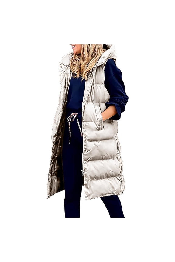 Women's Hooded Long Down Vest Full-Zip Sleeveless Puffer Vest Fashionable Coats Jacket