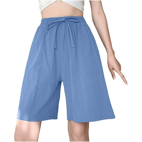 HTNBO Women's Knee Length Bermuda Shorts Cotton Linen Yoga Short Elastic Waist Athletic Casual Summer Shorts