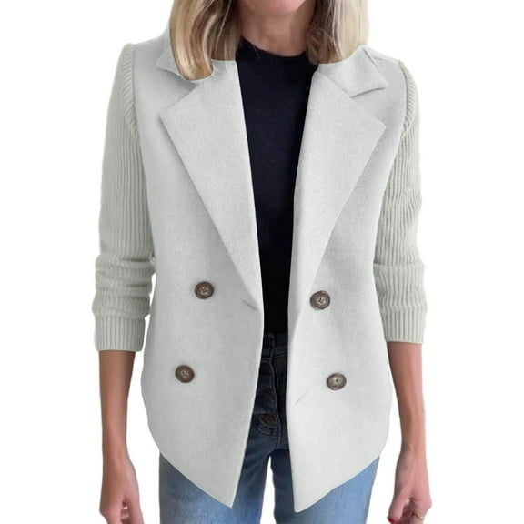 HTNBO Women's Lapel Button Knitted Patchwork Sleeve Casual Coat Cropped Sweater Blazer Knit Blazer