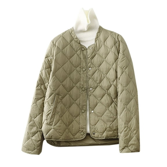 HTNBO Women's Lightweight Quilted Puffer Jackets Button Down Collarless Casual Solid Winter Puffy Coat with Pockets