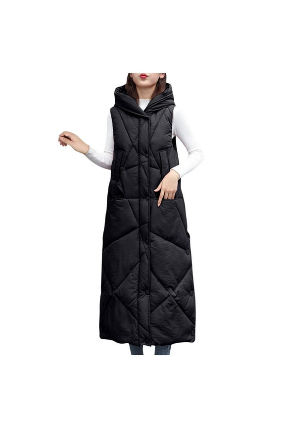Women's Long Puffer Vest Winter Sleeveless Maxi Quilted Padded Coat Full Zip Up Mid Length Hooded Down Jackets