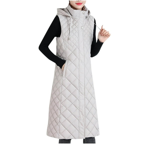 HTNBO Women's Long Puffer Vest with Hood, Lightweight Quilted Sleeveless Down Jackets Thick Warm Winter Coats