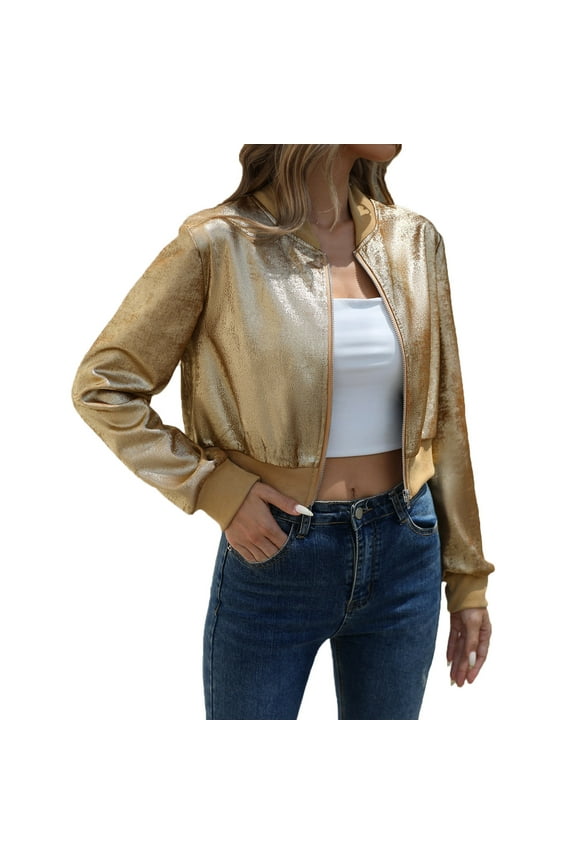 Women's Metallic Zipper Bomber Jacket Outwear Long Sleeve Lightweight Jacket Coats