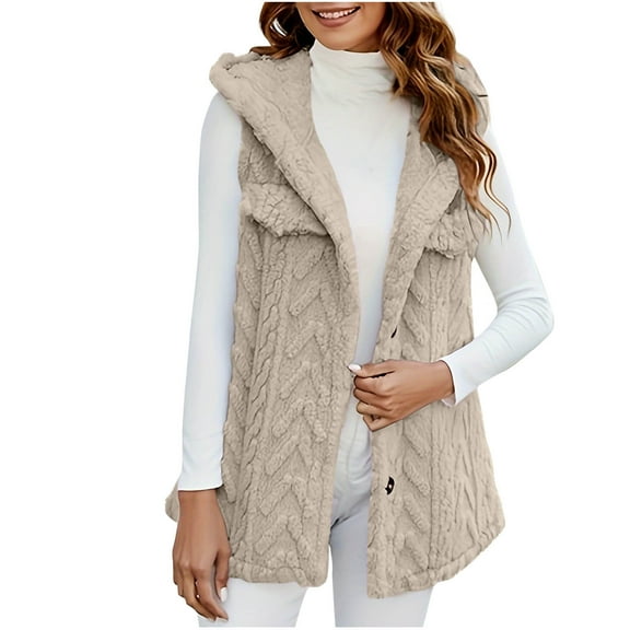 HTNBO Women's Mid-Long Fleece Hooded Vest Sleeveless Warm Casual Button Down Fuzzy Sherpa Gilet Jacket with Pockets