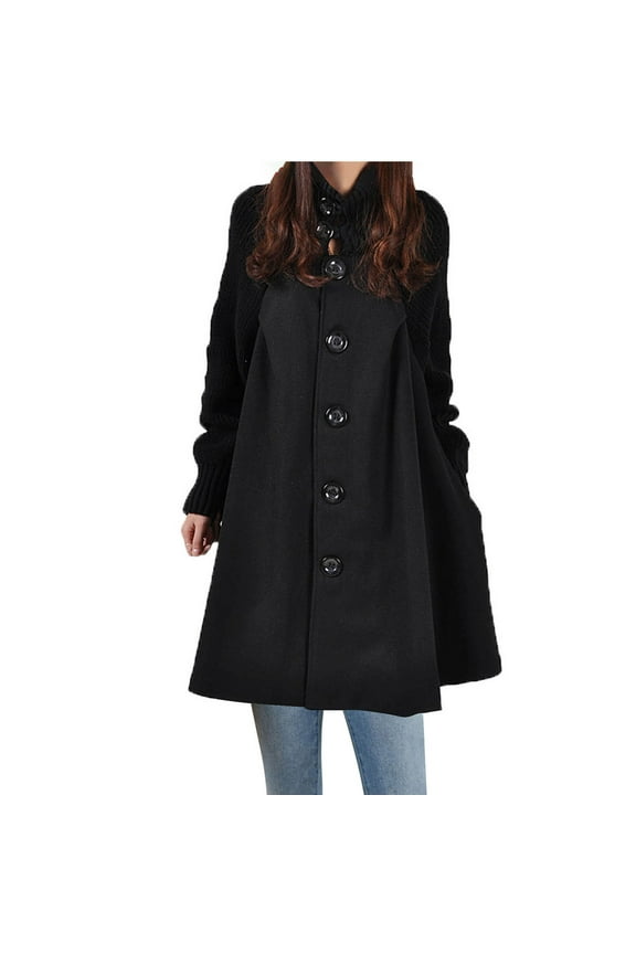 Women's Mid Long Length Single Breasted Cowl High Neck Loose Button Down Woolen Cloak Coat Jacket