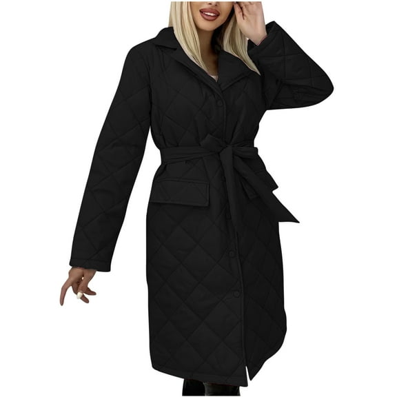 HTNBO Women's Mid-Long Quilted Wrap Coat Hooded Long Sleeve Puffer Jacket Winter Warm Padded Down Coats Elegant Outerwear