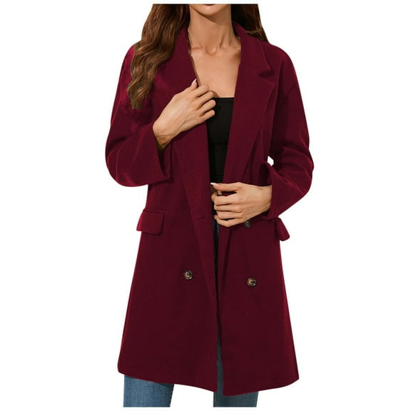 HTNBO Women's Notch Lapel Basic Essential Double Breasted Belted Mid Long Outwear Winter Coat