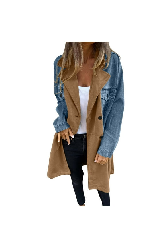 Women's Notched Lapel Double Breasted Denim Spliced Faux Suede Leather Long Trench Coat Jacket Outerwear